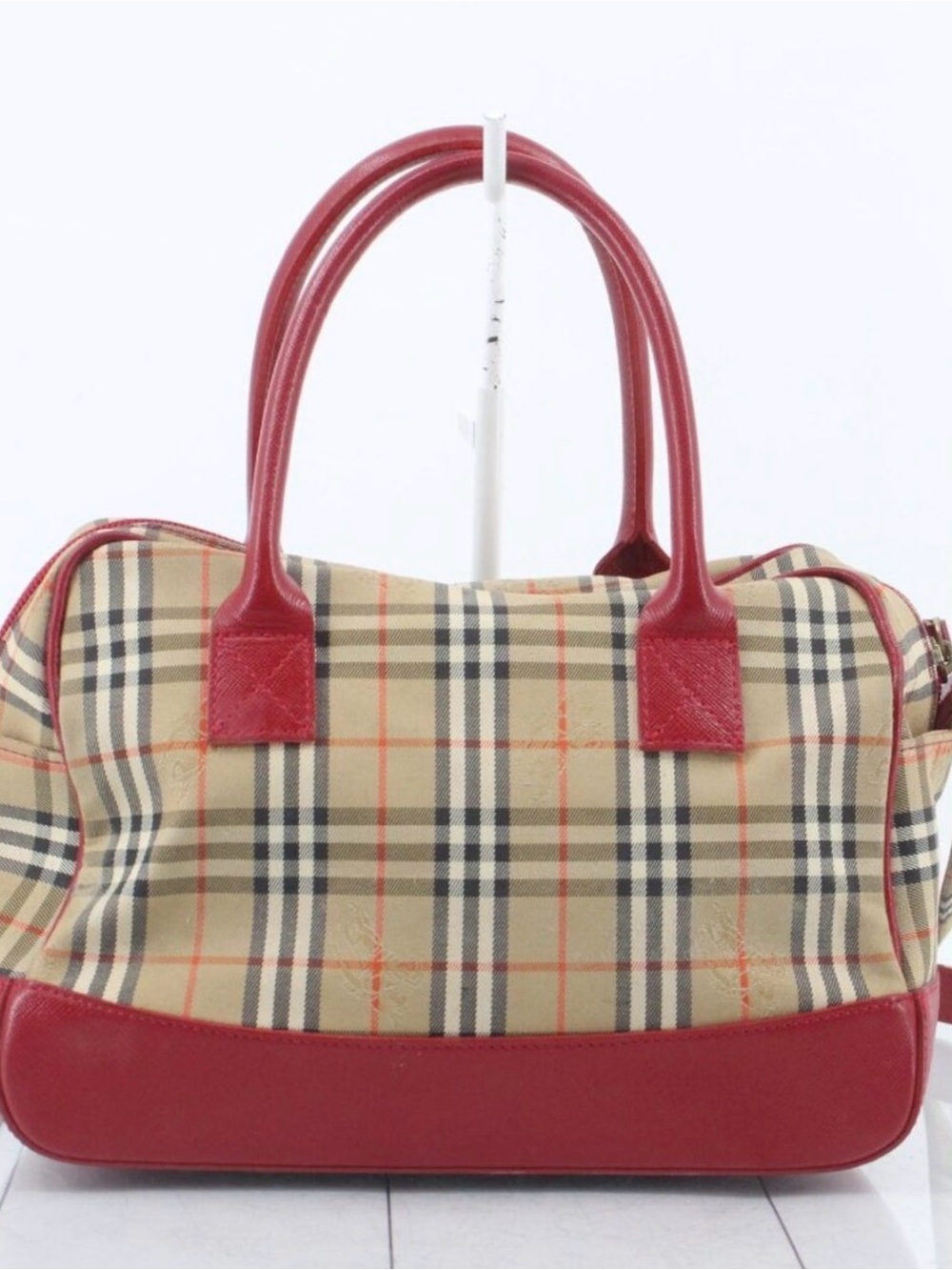 Burberry Beige Check Satchel with Red Leather Trim authentic
